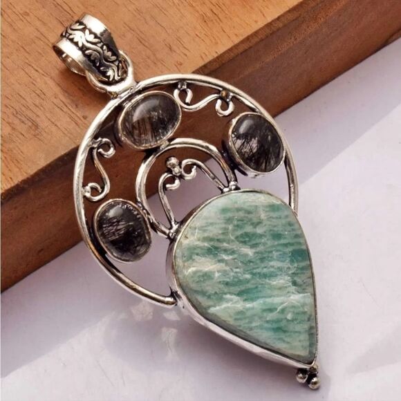 Amazonite Black Rutile Ethnic Handmade Pendant Jewelry 2.72" - Picture 2 of 4